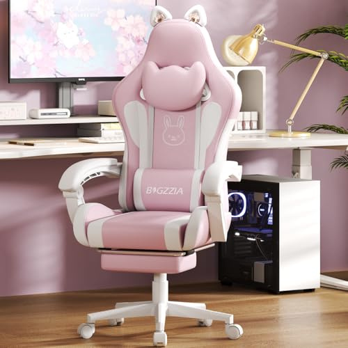 Racingreat Gaming Chair with Massage for Adults(Pink/White) | Footrest,Height Adjustable,Reclining,Headrest,Lumbar Support,Armrests,360°-Swivel,Cat Ears