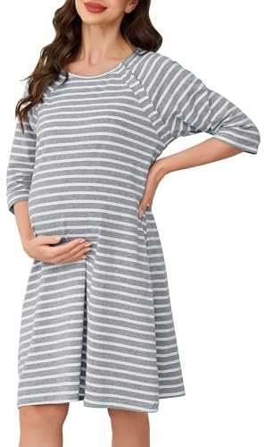 Vlazom Chemise de Nuit Maternité Femme Allaitement Coton Nuisette Grossesse Manches Longues Boutonnée Confortable，Striscia Grigio Chiaro，XL