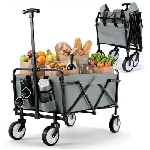 Bollervagn, vikbar handvagn, terränghjul, trädgårdsvagn med mugghållare, justerbart handtag, transportvagn, vikbar strandvagn, trädgårdkärra, shoppingvagn, camping (grå)