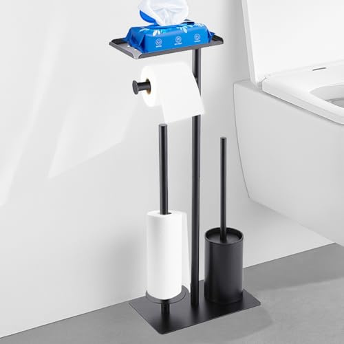 Porte Rouleau de Toilette sur Pied avec Brosse WC et Étagère - Support Papier Toilette de lingettes humides, Distributeur avec Rangement pour 4 Rouleaux, sans Percolation Pied Aucun Perçage Requis