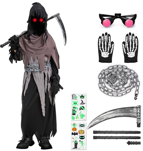 Lozzzyo Costume Halloween Bambino, Set Completo Vestito Halloween Bambino Mietitore con Falce, Catena, Guanti, Occhiali Luminosi e Tatuaggi Fluorescenti, Costumi Morte Halloween Bambini (5-7 anni)