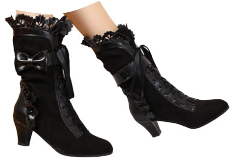 Xbemkste Bottines pour femme avec talon vintage, style victorien, mi-haute, à lacets, style médiéval, costume traditionnel, robe de mariée, bottes élégantes, Noir , 35.5 EU