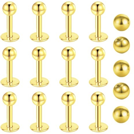 Gojewen 12 pezzi Piercing labbro dorato 4mm Labret Studs 16G Piercing in acciaio inossidabile con sfere di ricambio