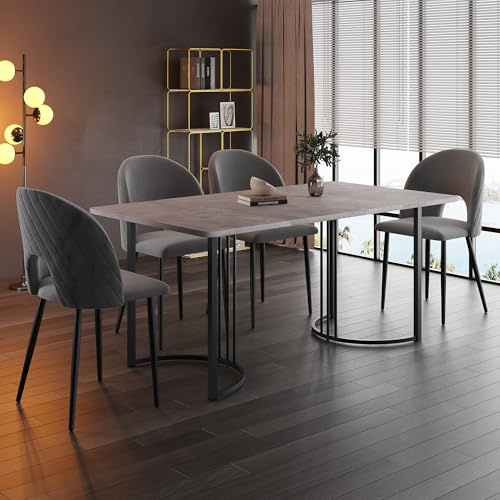 BXEYXE matgrupp. (Set. 140 × 80 cm matbord med 4 stolar). Modernt köksbordsset, sammet matstol med diamantmönster, justerbara stolben, grå sammet, MDF-bordsskiva i grått, svarta bordsben