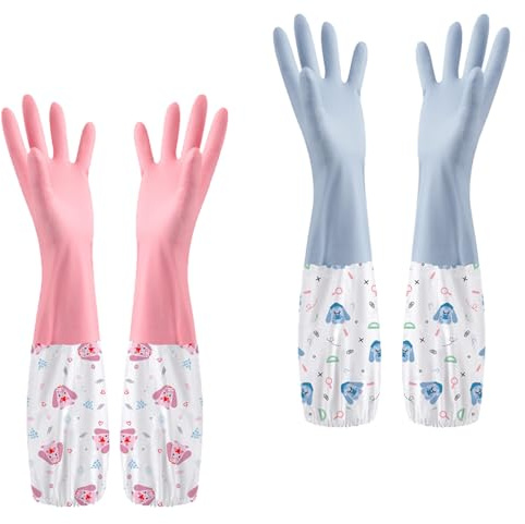 ZenyTra Niedliche Hunde Design Haushaltshandschuhe 2er Set | Süße Welpen Muster Mit Extra Langem Armschutz | Wasserdichte Spülhandschuhe Mit Wärmefutter (Rosa + Blau)