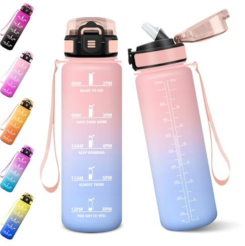 Baramumu Gourde, 1000ML Gourde Paille Adulte, Sans BPA, Bouteille d'eau de Motivation avec Marqueur de Temps, Bouteille Sport pour Salle de Sport, Aire Libre, Yoga - Rose&Bleu ciel
