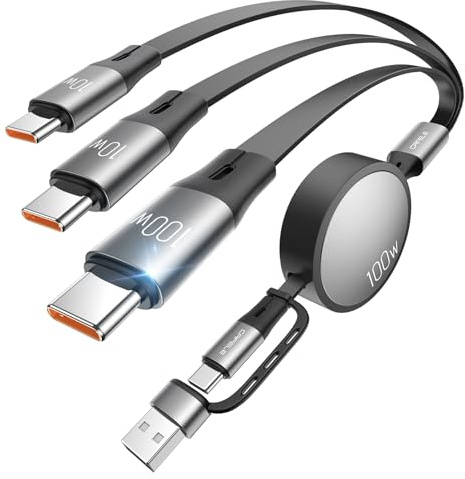 CAFELE 3-USB-C multiladdningskabel 6-i-1 100 W PD3.1/QC5.0 snabbladdande infällbar sladd, [100 W + 10 W] USB A/C till 3-i-1 multiladdningskabel