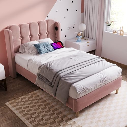 Merax Single bed frame, 3ft Upholstered Single Girls Bed, with USB and Type-C Charging, Sturdy Wooden Slatted Frame, No Mattress, Pink+Velvet/90x190 cm