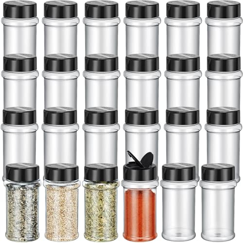 Jadive 24 Pcs Plastic Spice Jars with Shaker Lids Clear Spice Bottles Plastic Seasoning Containers Empty Shaker for Kitchen Storing Herbs Seasoning Powders Pepper Dry Goods (12 oz,Black)