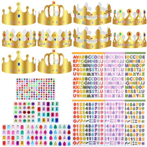 Elegaperma 10 stycken pappers-krona-festhattar, kronor pyssel födelsedag | 22 st papperkronor med alfanumeriska klistermärken och strasklistermärken för prinsessor, drottningar, födelsedagsfest