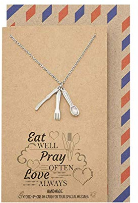 quan jewelry Handmade Spoon Fork Knife Pendant Necklace for Women, Foodie Best Friend Birthday Mothers Day Gifts, Kitchen Cutlery Charm, Gifts for Men and Women with Inspirational Greeting Card