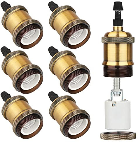 Zevnico E27 Lamp Holder, 6 Pcs E27 Bulb Holder, Brass Vintage Socket Light Bulb Holder, Ceramic Rated 4A 250V, for DIY Pendant Lamp Ceiling Hanging Light Retro Style Edison Screw Bulb Holder Adaptor
