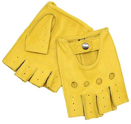 QECEPEI Guanti da uomo in pelle di capra senza dita mezze dita per guida sportiva guanti in pelle sfoderati giallo L