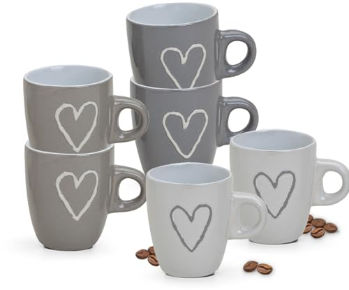 Set di 6 tazze da caffè con cuore in grigio, beige, bianco, belle tazze da caffè con manico per caffè italiano, piccole tazze da 50 ml, adatte al microonde, lavabili in lavastoviglie come regalo