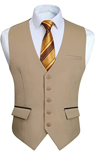 HISDERN Khaki Waistcoats for Men Formal Business Waistcoat Classic Wedding Elegant Party Suit Vest with Pockets 2XL