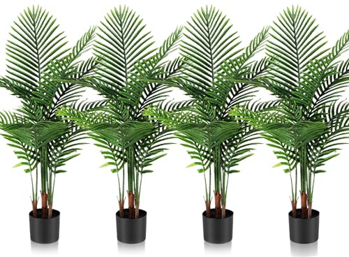 Jexine 4 Pack Artificial Palm Trees 3Ft, Fake Plants Fake Trees Artificial Areca Palm Plants for Outdoor Indoor Faux Tree in Pot for Pool Home Decor Office Housewarming Gift Modern Decoration