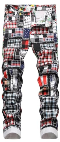 HENGAO Jean pour homme imprimé patchwork stretch coupe slim slim jeans décontracté jambe droite denim pantalon, F845 coloré, 52