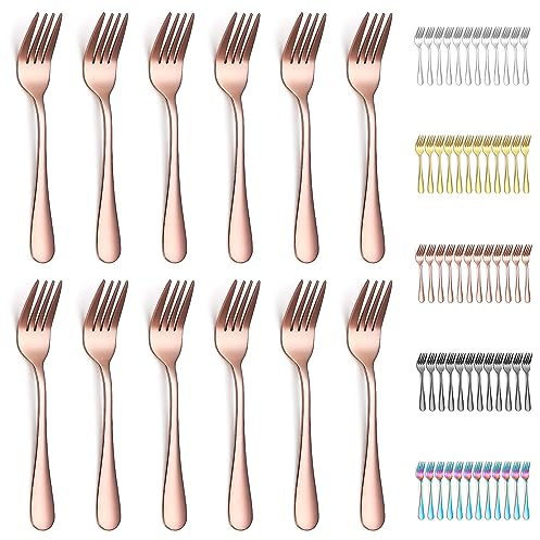 Evanda Dessert Forks 12 Pieces, Rose Gold Titanium Plating Stainless Steel Pastry Forks Set, Fruit, Mini Cake, Appetizer for Home, Wedding, Party, Cafe, Restaurant, Dishwasher Safe.