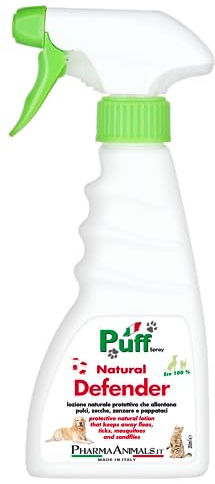 Puff Natural Defender Antiparassitario contro Pulci Zecche Zanzare E Pappataci, Spray Citronella per Cani Gatti Animali-Azione Naturale-Eco 100%-Spray Pronto Uso 250 Ml