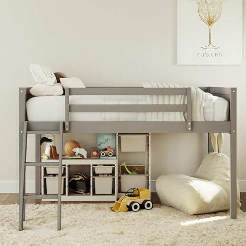 Merax Wood Low Loft Bed with Ladder,Wooden Low Loft Bed with Guardrail for Kids or Teens,Space Saving,No Box Spring Needed,Twin Size, Grey