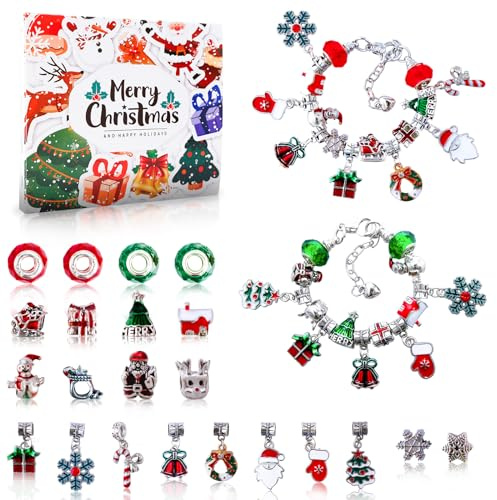 Aitsite Calendrier de l'Avent Bijoux File 5-13 Ans, Calendrier de l'Avent 2025 Enfant Fille, 22 Perles 2 Bracelets, Bricolage Kit Bijoux Creation, Noël Cadeaux Calendrier Avent