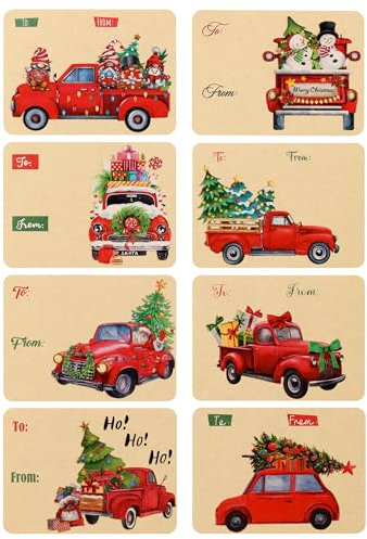 80 Stück Etiketten Selbstklebend Weihnachten, Kraftpapier Geschenkaufkleber, Vintage Rotes Lkw-Thema, Namensaufkleber Aufkleber Namensschilder Geschenketikette Sticker