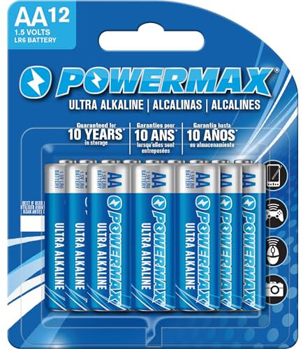 Powermax 12-Count Double AA Batteries, Ultra Long Lasting Alkaline Battery Blister Pack, 10-Year Shelf Life