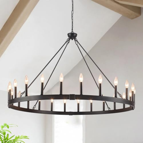 Rviezza 24-Light Black Wagon Wheel Chandelier Farmhouse, 48 Extra Large Chandeliers for High Ceilings, Round Matte Black Chandeliers for Dining Room, Kitchen Island, Foyer, Living Room, Entrance