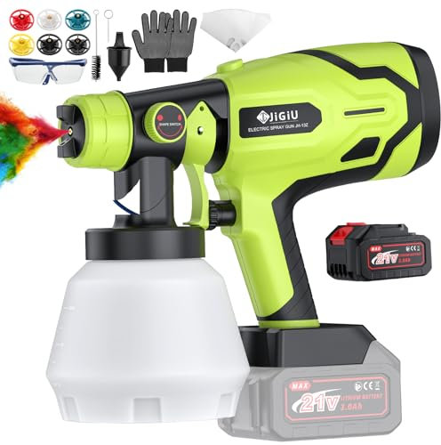 JiGiU Pistola de Pintura Inalámbrica, 300W HVLP Pistola de Pintura Eléctrica 1000ml, con 6 Boquillas (1.0 1.5 1.8 2.0 2.5 3.0mm) y 3 Patrones para Armarios, Gabinetes, Cercas, Paredes, Puertas