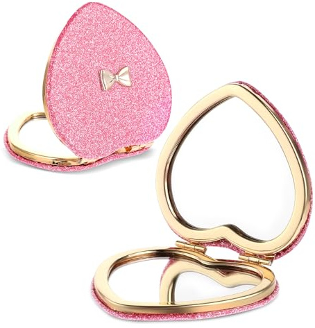 ValueBargain Pink Compact Mirror, Double-Sided Heart Compact Mirror, Magnetic Folding Purse Mirrors Compacts for Girls, Kids, Home Office, Valentine's Day