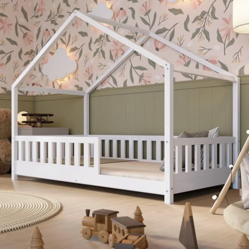 Crazy Pine Hausbett 140x200 cm – Kinderbett aus Naturholz in Weiß mit Rausfallschutz – Montessori Bodenbett mit Höhenverstellbaren Beinen und Abnehmbarer Barriere - Crazy House
