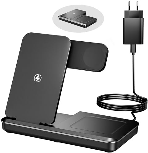 Eddibox 3 In 1 Ladestation für Apple Watch und iPhone, Faltbar 15W Schnelles Apple Ladestation Ladegerät für iPhone 17 16 15 14 13 12 Pro Max/Apple Watch/AirPods - Schwarz