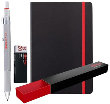 rOtring 600 3-in-1 Multicolour Pen and Mechanical Pencil + Notebook | Black & Red Ballpoint Pen Tips and 1 Mechanical Pencil Tip (0.5mm) | Silver Metal Barrel