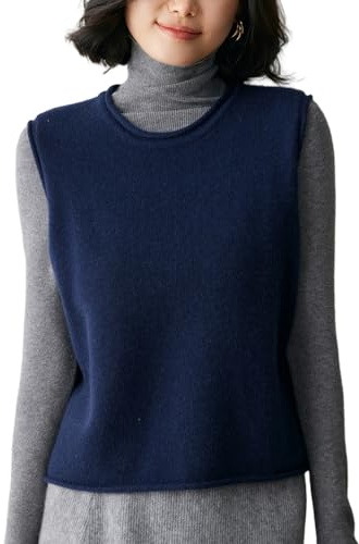 WEWE Damen 95% Kaschmir Pullunder Dunkelblau Rundhals Ohne Arm Strickpullover Damen Kaschmir und Wolle Unifarbener Taillierte Dünner Pullover,EU 40,WY2541