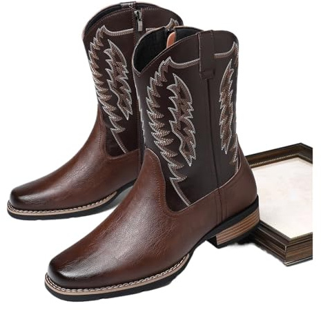YXADGML Botas Cowboy Hombre Botas bordadas for hombre, botas vaqueras estilo western de media pantorrilla y estilo motociclista, botas masculinas de media pantorrilla con diseño retro.
