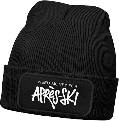 MoonWorks® Herren Beanie mit Spruch Need Money for Après-Ski Strickmütze Aufdruck Lustig Mütze Männer Wintermütze Skifahren Schwarz Unisize