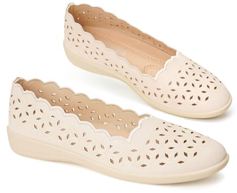 GLAMORA Bailarinas Cuña Baja Manoletinas Caladas Verano Cómodas Transpirables Antideslizantes Calzado Ligero Suela Flexible Troqueladas Ultraligeras Confort Plantilla Acolchada beige-40