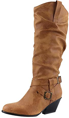 Medeltida skor blockklack knästövlar cowboystövlar kvinnor medelhög | Västerländska stövlar dam med klack halvstövlar vintage riddare stövlar med spänne cowboyboots vidare skaft slip-stövlar