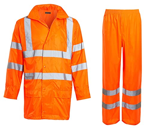 shelikes Unisex Hi Vis Waterproof Rainsuit 2 Piece Reflective Rain Jacket & Trouser Set High Viz Workwear Safety Overalls Protective Clothing High Visibility Tracksuit