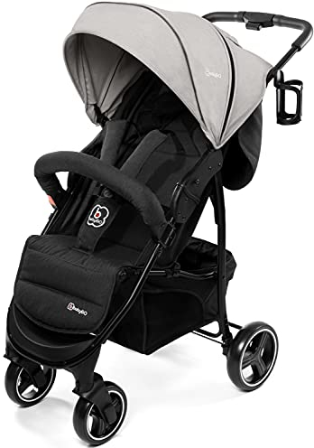 babyGO Basket Kinderwagen - Buggy - Kombikinderwagen - Einfaches zusammenklappen - mit Praktischer Tasche und Flaschenhalter (Hellgrau Melange-ohne Babyschale)