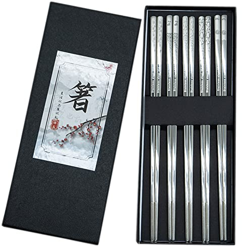5 Paia Bacchette Acciaio Inossidabile, Bacchette Sushi Acciaio,Alta Giapponese qualità Lusso, Bacchette sushiriutilizzabile Ecologico e Sicuro Set Regalo (Bacchette Cinesi)