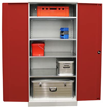 Schrank & Stuhl XXL Werkzeugschrank – Werkstattschrank/Stahlschrank mit 4 höhenverstellbaren, vollverzinkten Fachböden, 195x92x60, Grau/Rot