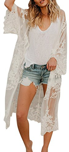 HZMM Women's Open Front Chiffon Elegant Kimono Beach Long Lace Oversized Coat Bohemian Women's Cardigan Pullover Beach Cover Up
