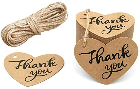 DENSCO Thank You Heart Shape Brown Gift Tags with String Kraft Paper Card, 100 pcs Luggage Tag Labels Craft Price Tags with Free 30 Meter Jute String DIY (Brown)