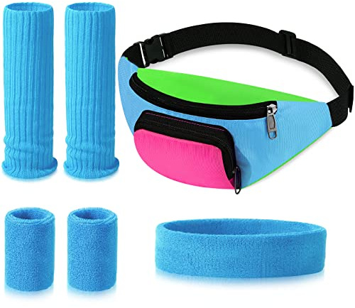 Xuniea 6 Pcs 80s 90s Workout Costumes Neon Leg Warmers Headband Wristbands Fanny Pack for 80s 90s Theme Carnival Party(Blue)