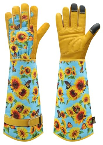 DLY Gardening Gloves for Women, Rose Gloves Gardening Thorn Proof, Long Garden Gloves for Women, Breathable Cowhide Leather Gauntlet (Medium, Blue)