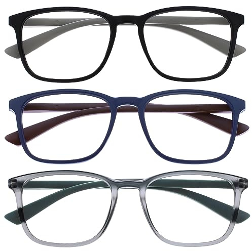 OPULIZE Max Gafas de Lectura - Pack de 3 - Marco Rectangular Clásico Grande - Negro Mate Azul Gris - Unisex Hombres Mujeres - Bisagras de Resorte - RRR78-137 - +2.00