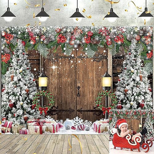 CINRAY Toile de Fond d'Hiver de 2,1 x 1,5 m Avec Porte en Bois Rustique pour Photographie de Noël, Arbre, Cadeau de Neige - Décoration de Fête pour Enfants et Adultes