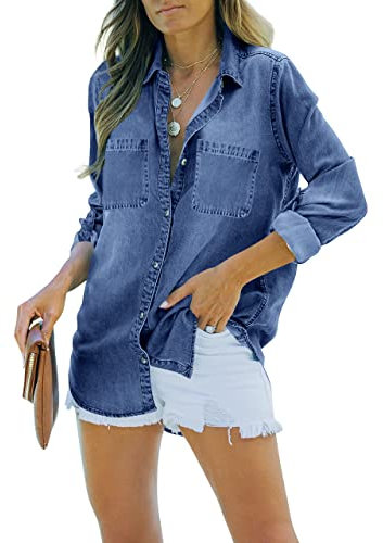 Feziakuk Damen Jeanshemd Button Down Jeansbluse Langarm Weich Denim Hemd Casual Jeansjacke Frühling Herbst Oberteile mit Brusttaschen, Blau XXL