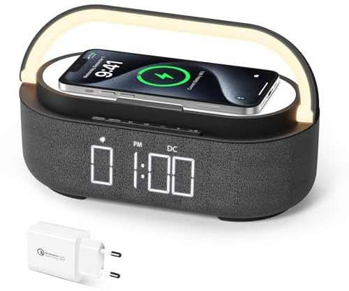 COLSUR Bluetooth Speaker with Radio, 15W Fast Wireless Charger, FM Radio, Bedside Night Light for Heavy Sleepers, Snooze, Dimmable LED Display, 2500mAh Battery USB Charging Port